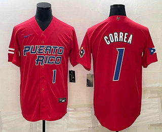 Mens Puerto Rico Baseball #1 Carlos Correa Number 2023 Red World Baseball Classic Stitched Jersey->2023 world baseball classic->MLB Jersey